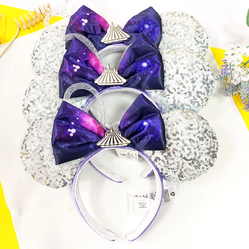 New Disney Mickey Mouse Ears Headband Space mountain Lunar New Year Minnie Bow Pink Sequins Cartoon Anime Headdress Headband Gif