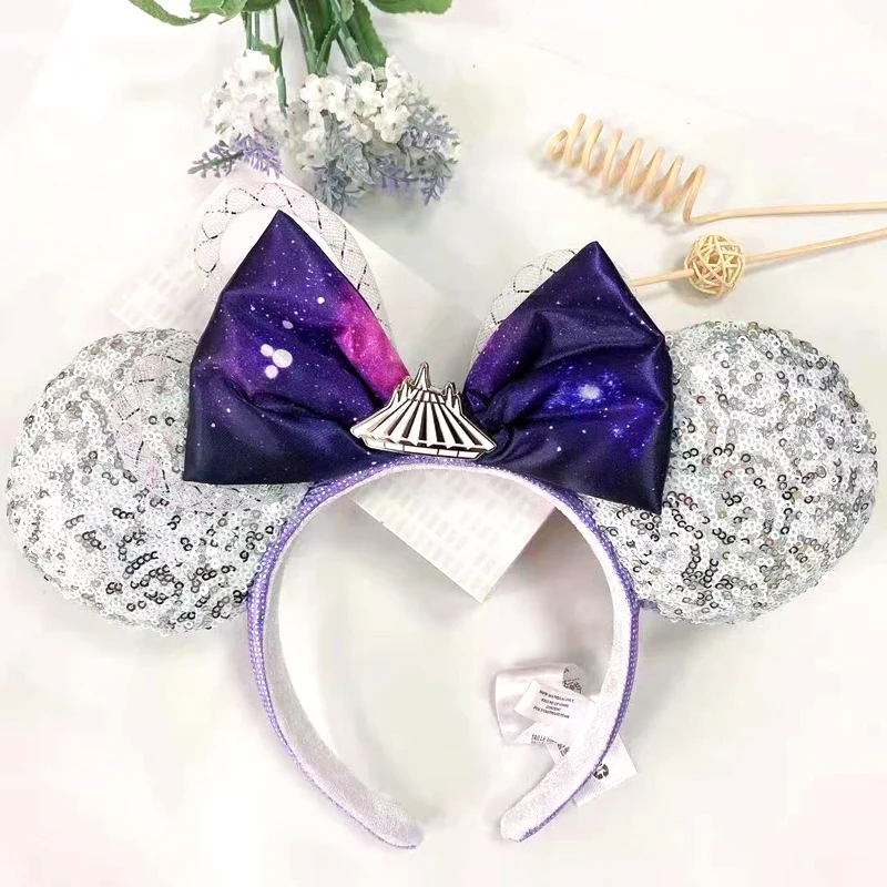 New Disney Mickey Mouse Ears Headband Space mountain Lunar New Year Minnie Bow Pink Sequins Cartoon Anime Headdress Headband Gif