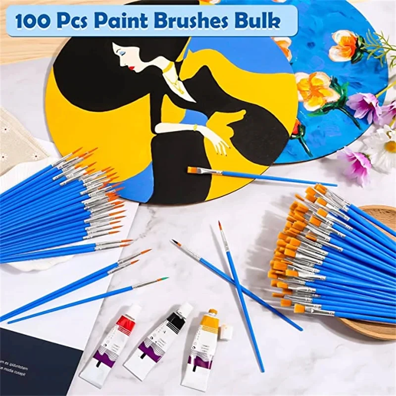 100pcs Paint Brushes Set for Students Acrylic with Flat Round Pointed Paint Brushes Craft Watercolor Oil Painting Brushes