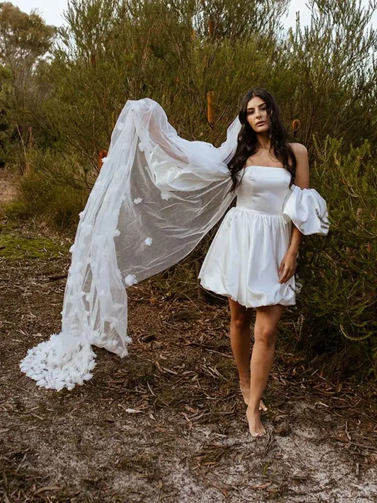Floral Applique Bridal Veils with 3D Handmade Organza Flowers One Layer Marriage Wedding Veil with Comb