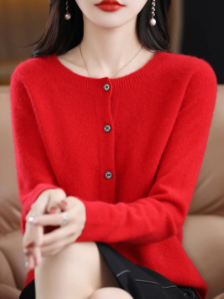 Women Cashmere Sweater 100% Merino Wool Knitted Cardigan Autumn Winter Knitwear O-Neck Female Solid Color Casual Fashion Top