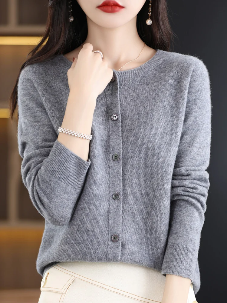 Women Cashmere Sweater 100% Merino Wool Knitted Cardigan Autumn Winter Knitwear O-Neck Female Solid Color Casual Fashion Top