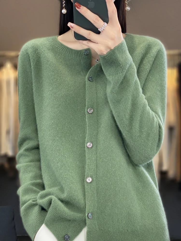 Women Cashmere Sweater 100% Merino Wool Knitted Cardigan Autumn Winter Knitwear O-Neck Female Solid Color Casual Fashion Top