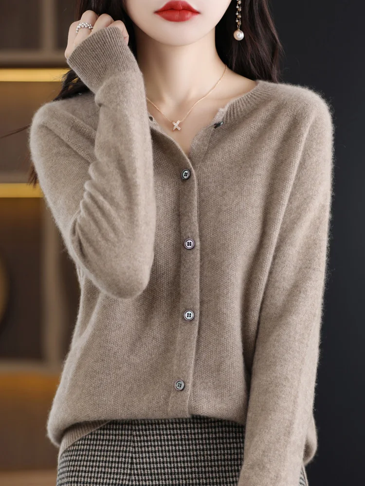 Women Cashmere Sweater 100% Merino Wool Knitted Cardigan Autumn Winter Knitwear O-Neck Female Solid Color Casual Fashion Top