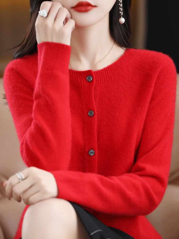 Women Cashmere Sweater 100% Merino Wool Knitted Cardigan Autumn Winter Knitwear O-Neck Female Solid Color Casual Fashion Top