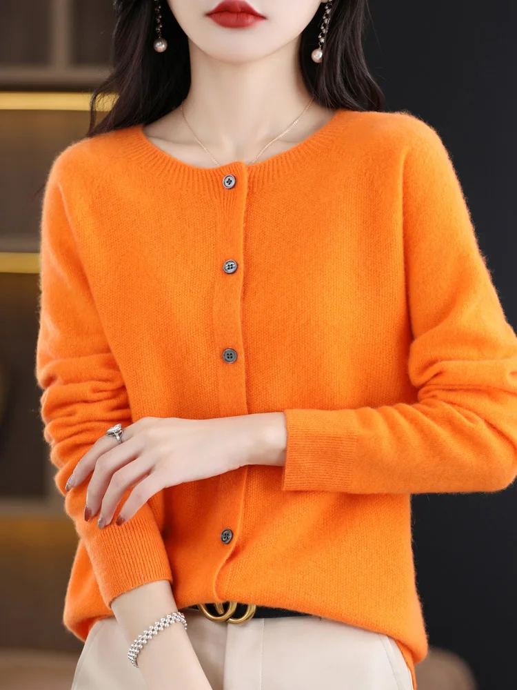 Women Cashmere Sweater 100% Merino Wool Knitted Cardigan Autumn Winter Knitwear O-Neck Female Solid Color Casual Fashion Top