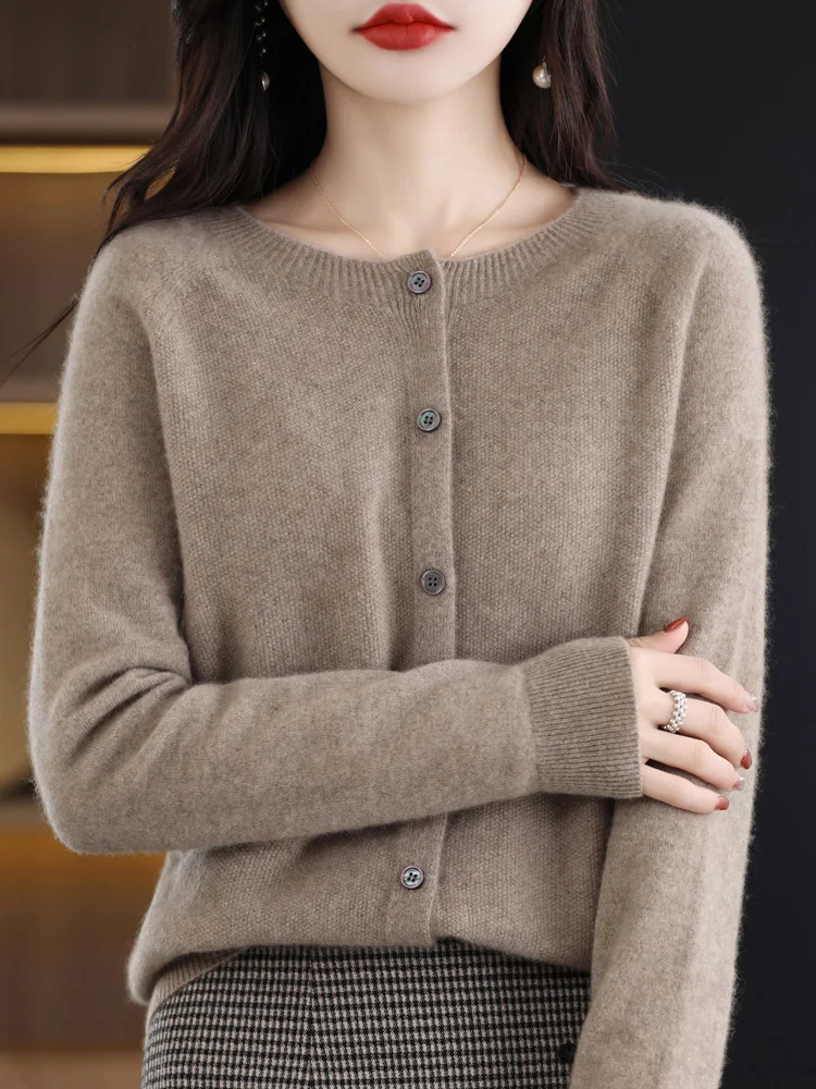 Women Cashmere Sweater 100% Merino Wool Knitted Cardigan Autumn Winter Knitwear O-Neck Female Solid Color Casual Fashion Top