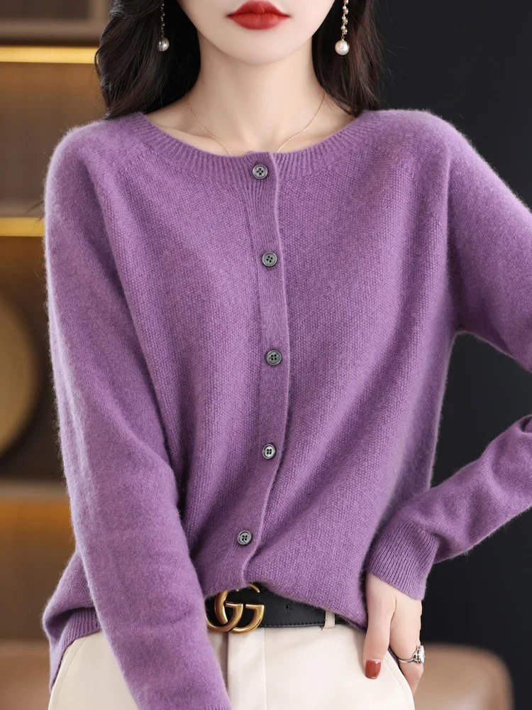 Women Cashmere Sweater 100% Merino Wool Knitted Cardigan Autumn Winter Knitwear O-Neck Female Solid Color Casual Fashion Top