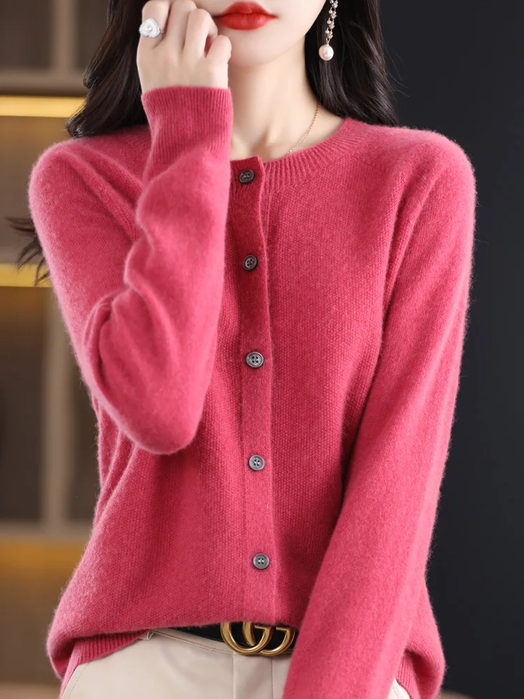 Women Cashmere Sweater 100% Merino Wool Knitted Cardigan Autumn Winter Knitwear O-Neck Female Solid Color Casual Fashion Top