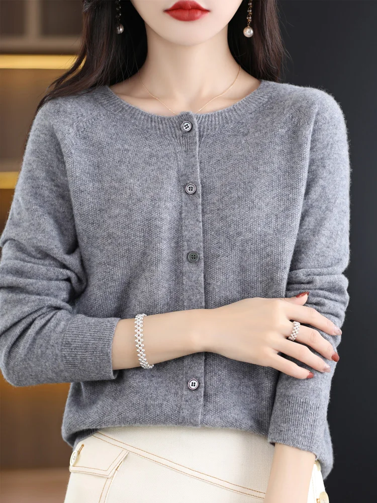 Women Cashmere Sweater 100% Merino Wool Knitted Cardigan Autumn Winter Knitwear O-Neck Female Solid Color Casual Fashion Top