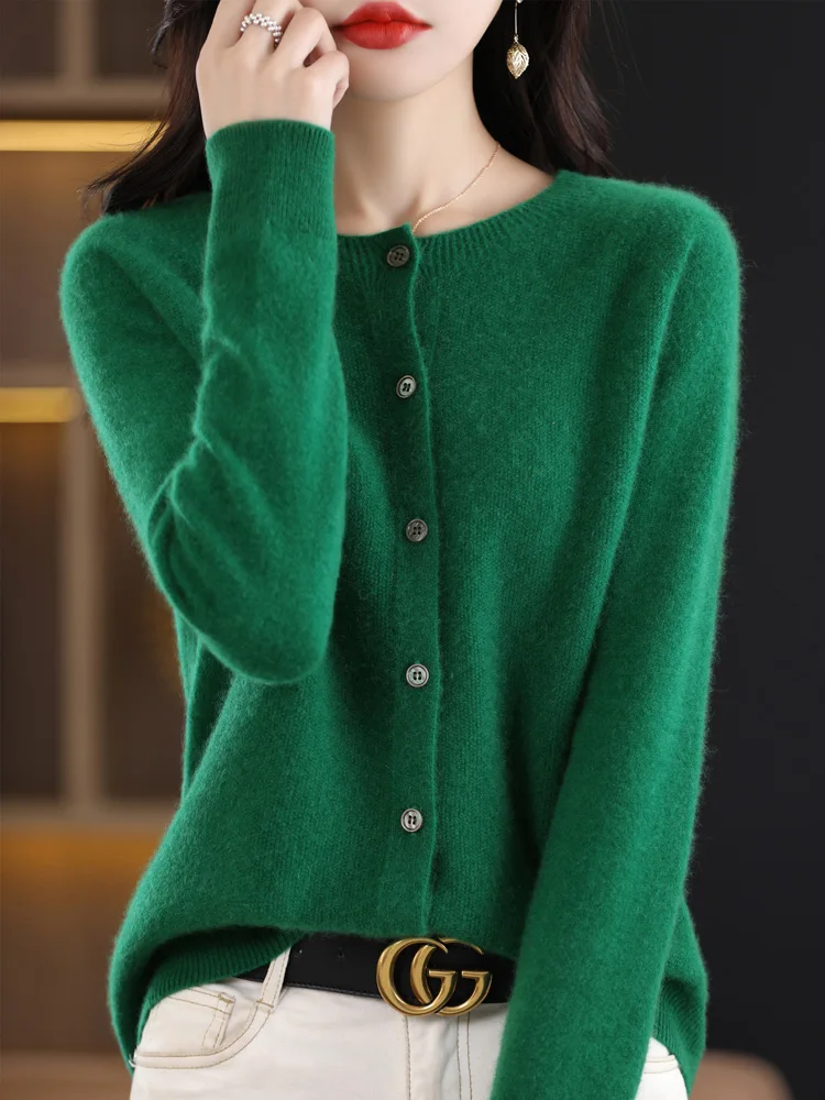Women Cashmere Sweater 100% Merino Wool Knitted Cardigan Autumn Winter Knitwear O-Neck Female Solid Color Casual Fashion Top