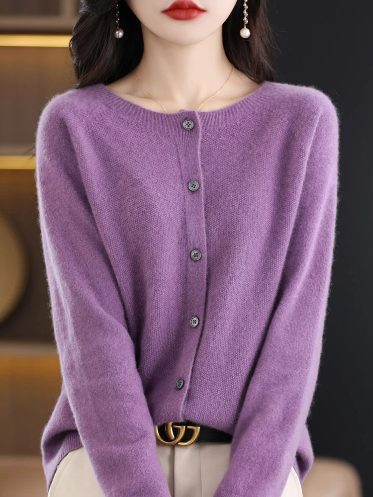 Women Cashmere Sweater 100% Merino Wool Knitted Cardigan Autumn Winter Knitwear O-Neck Female Solid Color Casual Fashion Top