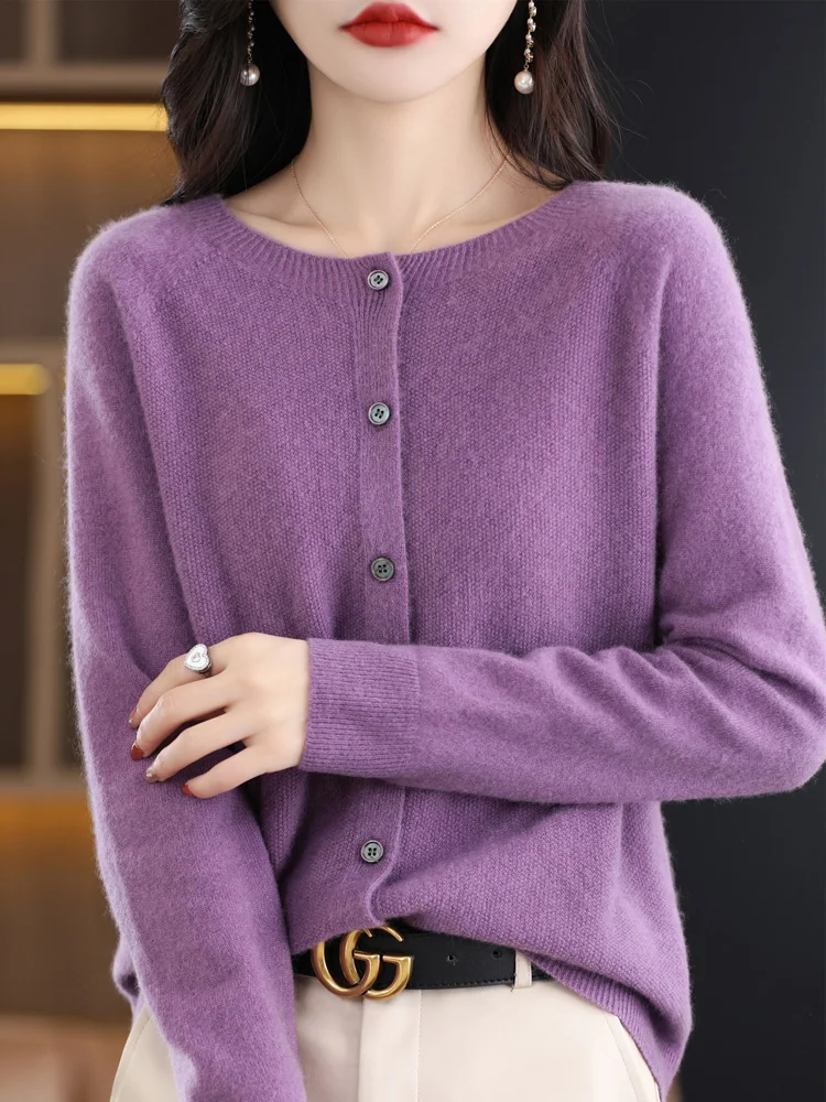 Women Cashmere Sweater 100% Merino Wool Knitted Cardigan Autumn Winter Knitwear O-Neck Female Solid Color Casual Fashion Top