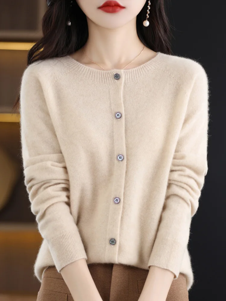 Women Cashmere Sweater 100% Merino Wool Knitted Cardigan Autumn Winter Knitwear O-Neck Female Solid Color Casual Fashion Top