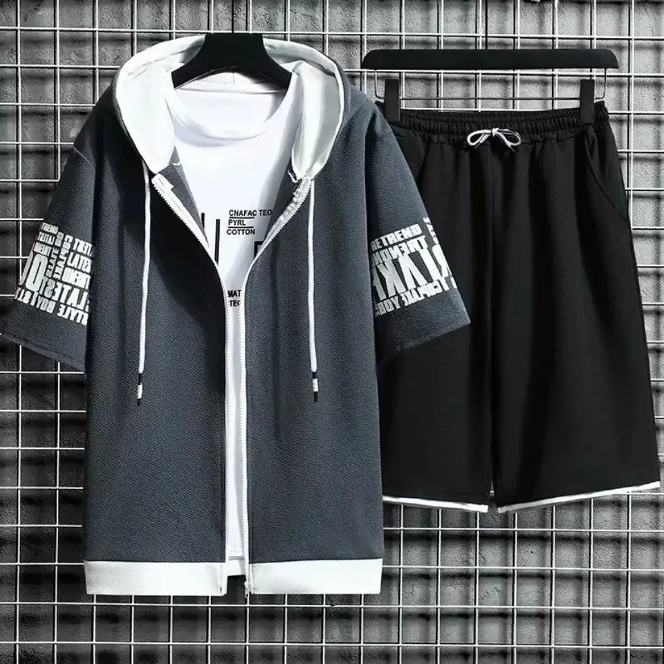 Summer Thin Men's Sports Suit 2-piece Set Casual Hooded Quick Dry Running Exercise Clothes Short Sleeve Shorts