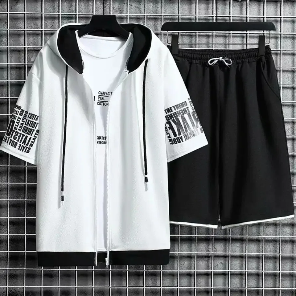 Summer Thin Men's Sports Suit 2-piece Set Casual Hooded Quick Dry Running Exercise Clothes Short Sleeve Shorts