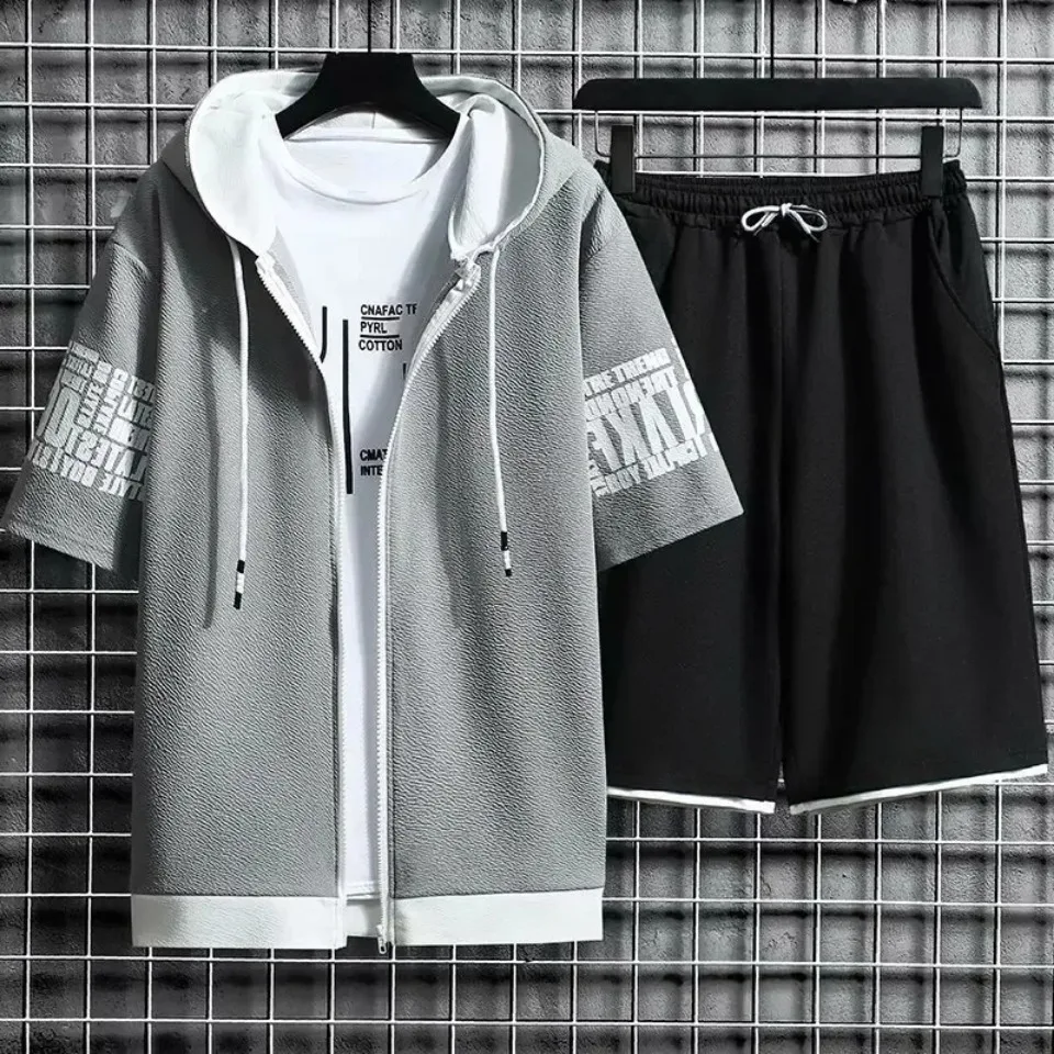 Summer Thin Men's Sports Suit 2-piece Set Casual Hooded Quick Dry Running Exercise Clothes Short Sleeve Shorts