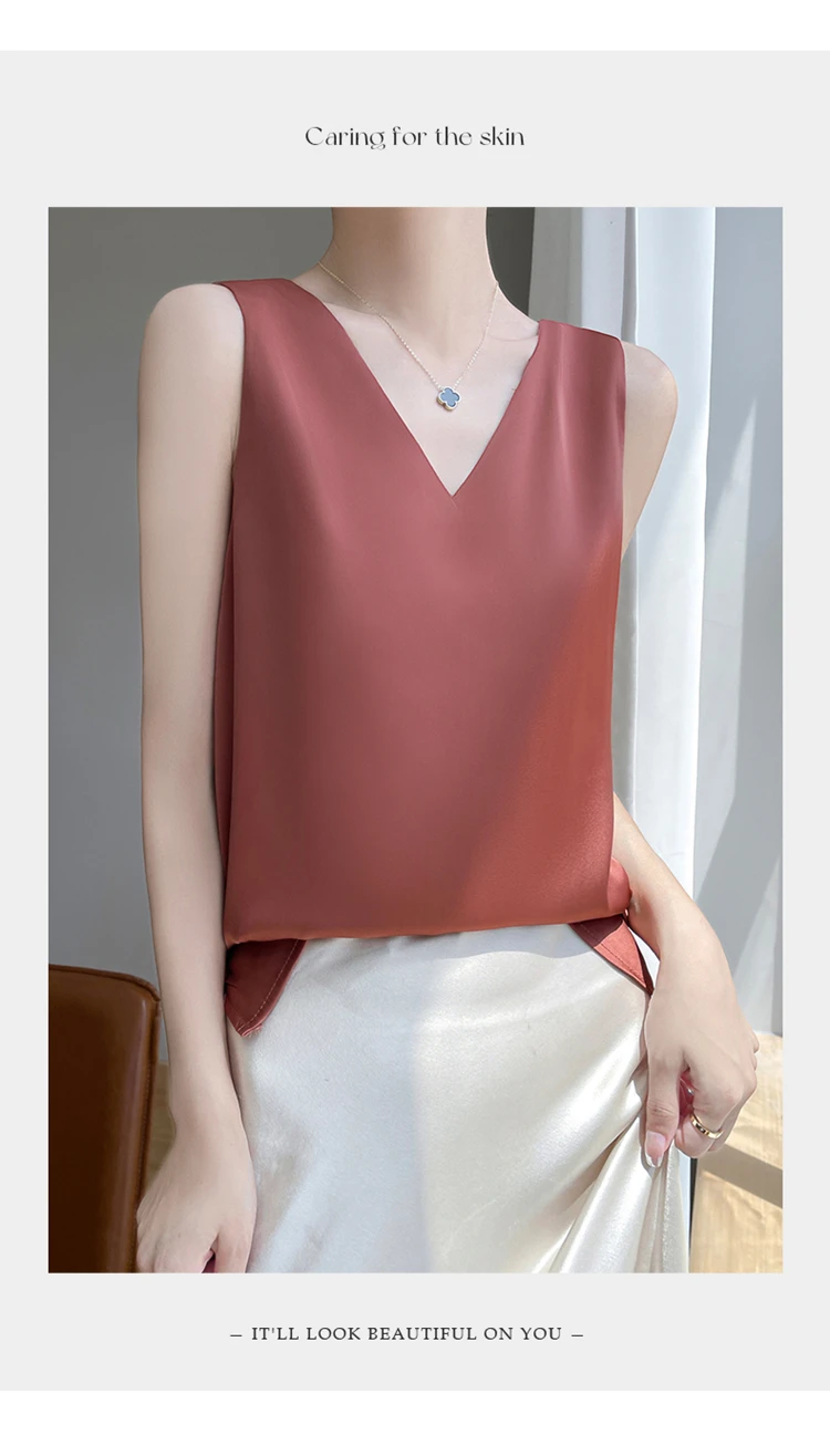 2024 Women's Summer New Sling Front And Rear V-Neck One Piece Two Wear Fashion Loose Silk Sexy T-shirt Versatile Top RW F138