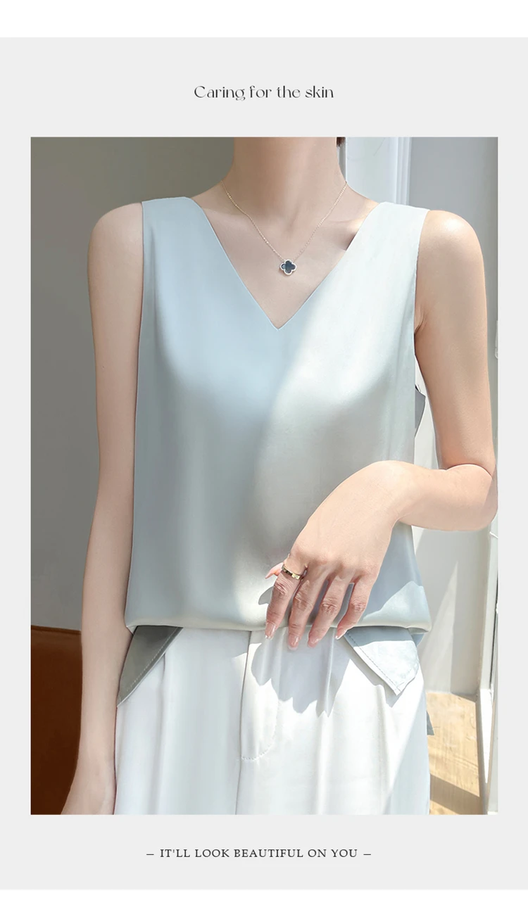 2024 Women's Summer New Sling Front And Rear V-Neck One Piece Two Wear Fashion Loose Silk Sexy T-shirt Versatile Top RW F138