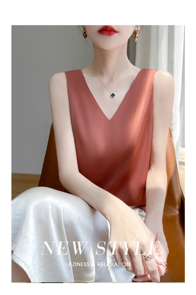 2024 Women's Summer New Sling Front And Rear V-Neck One Piece Two Wear Fashion Loose Silk Sexy T-shirt Versatile Top RW F138