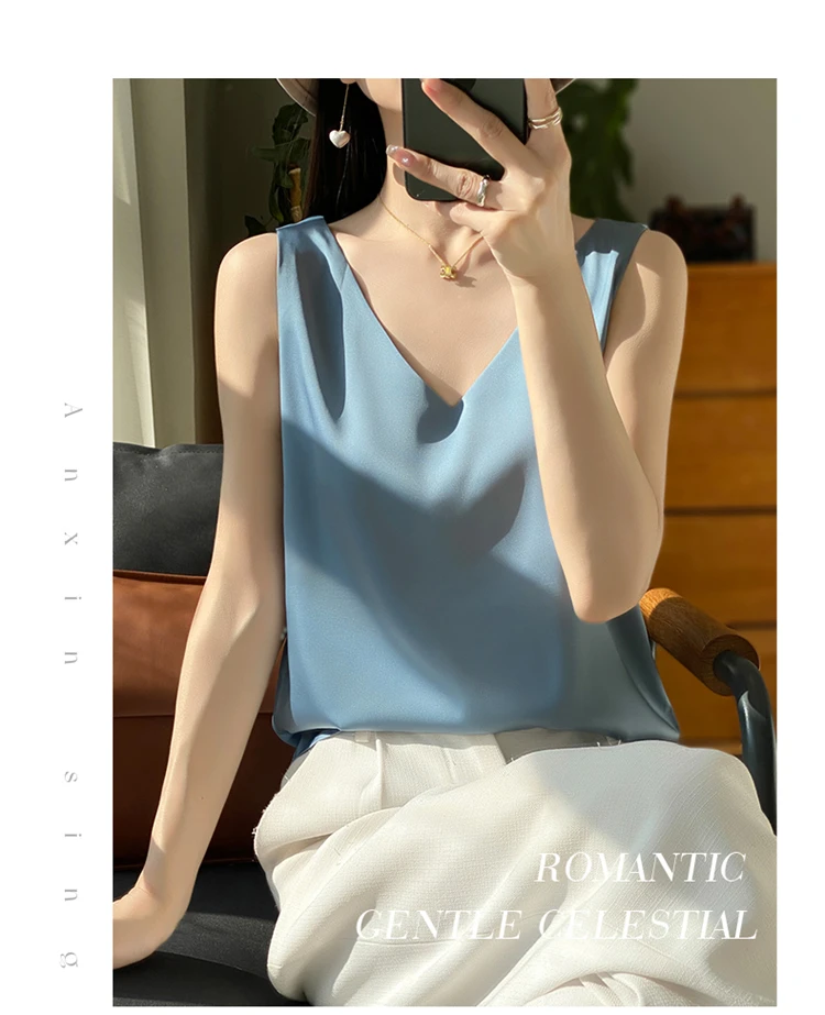 2024 Women's Summer New Sling Front And Rear V-Neck One Piece Two Wear Fashion Loose Silk Sexy T-shirt Versatile Top RW F138