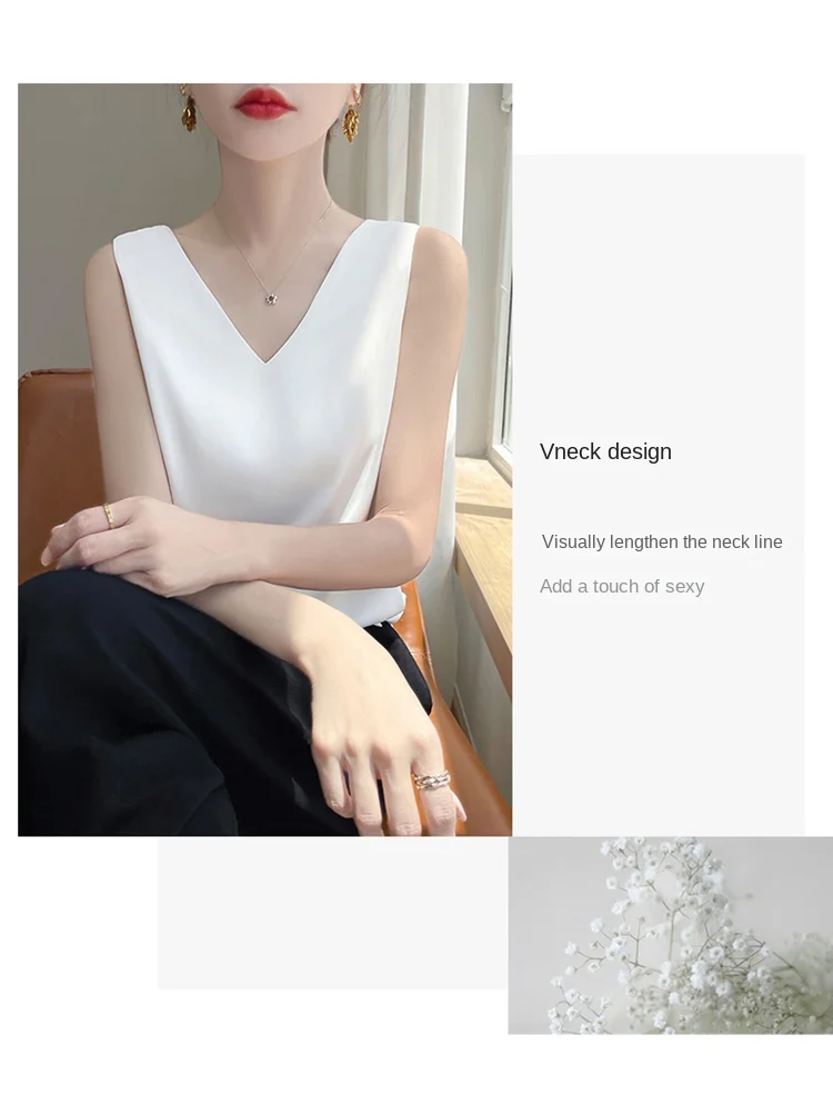 2024 Women's Summer New Sling Front And Rear V-Neck One Piece Two Wear Fashion Loose Silk Sexy T-shirt Versatile Top RW F138