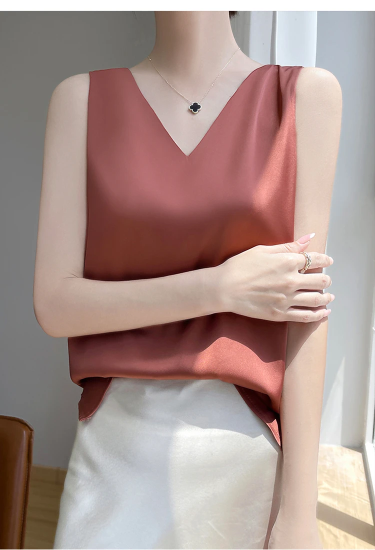 2024 Women's Summer New Sling Front And Rear V-Neck One Piece Two Wear Fashion Loose Silk Sexy T-shirt Versatile Top RW F138