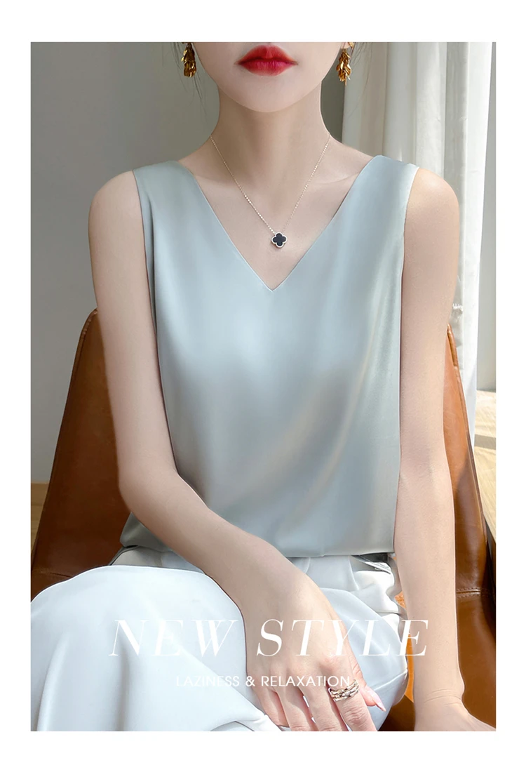 2024 Women's Summer New Sling Front And Rear V-Neck One Piece Two Wear Fashion Loose Silk Sexy T-shirt Versatile Top RW F138