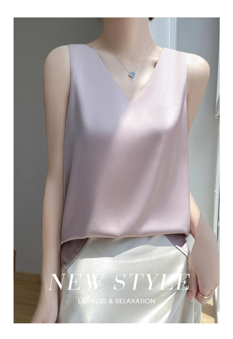 2024 Women's Summer New Sling Front And Rear V-Neck One Piece Two Wear Fashion Loose Silk Sexy T-shirt Versatile Top RW F138
