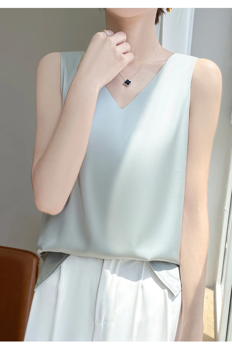 2024 Women's Summer New Sling Front And Rear V-Neck One Piece Two Wear Fashion Loose Silk Sexy T-shirt Versatile Top RW F138