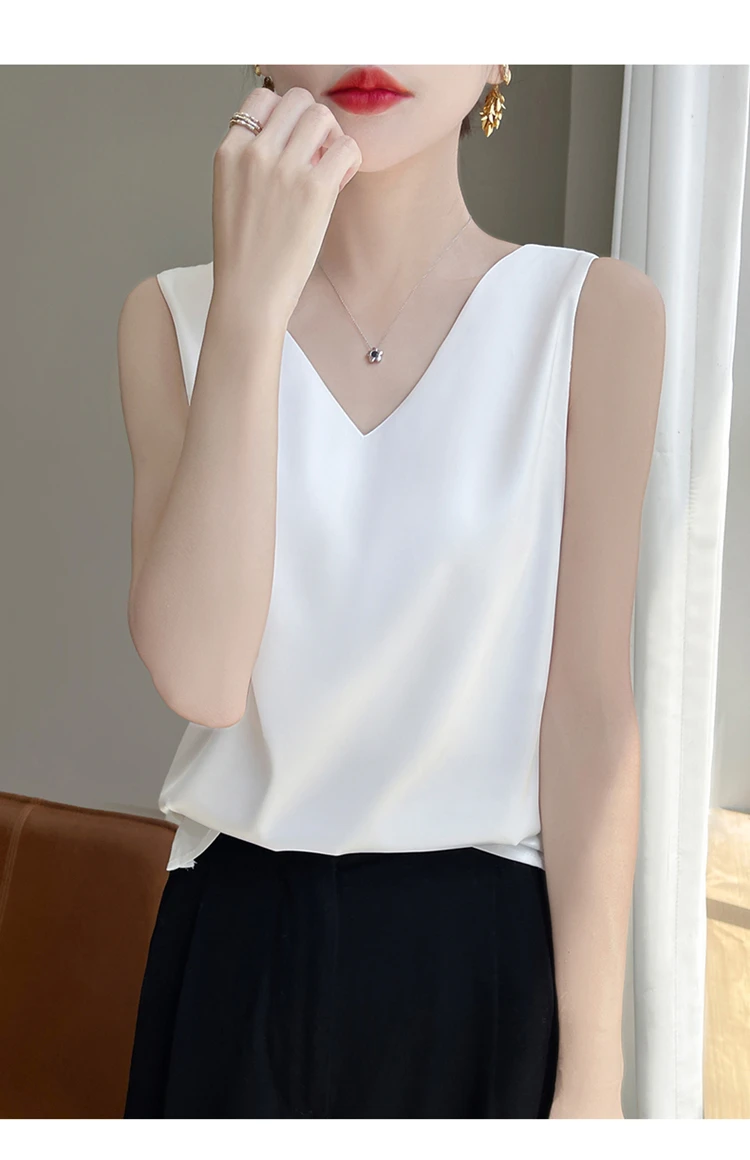 2024 Women's Summer New Sling Front And Rear V-Neck One Piece Two Wear Fashion Loose Silk Sexy T-shirt Versatile Top RW F138