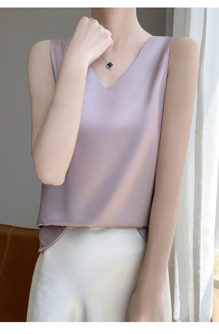 2024 Women's Summer New Sling Front And Rear V-Neck One Piece Two Wear Fashion Loose Silk Sexy T-shirt Versatile Top RW F138