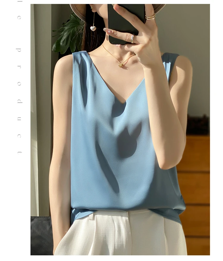 2024 Women's Summer New Sling Front And Rear V-Neck One Piece Two Wear Fashion Loose Silk Sexy T-shirt Versatile Top RW F138