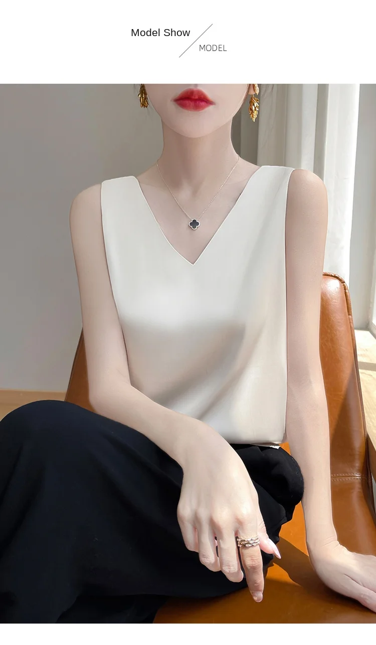 2024 Women's Summer New Sling Front And Rear V-Neck One Piece Two Wear Fashion Loose Silk Sexy T-shirt Versatile Top RW F138