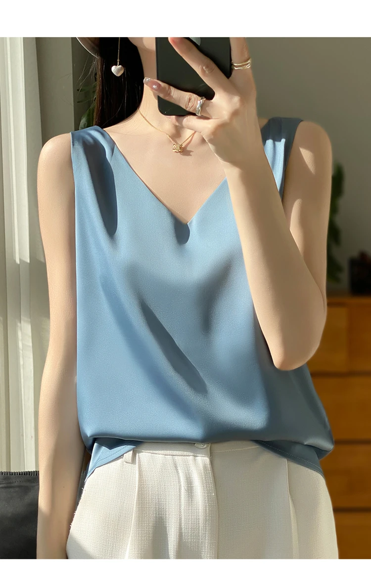2024 Women's Summer New Sling Front And Rear V-Neck One Piece Two Wear Fashion Loose Silk Sexy T-shirt Versatile Top RW F138