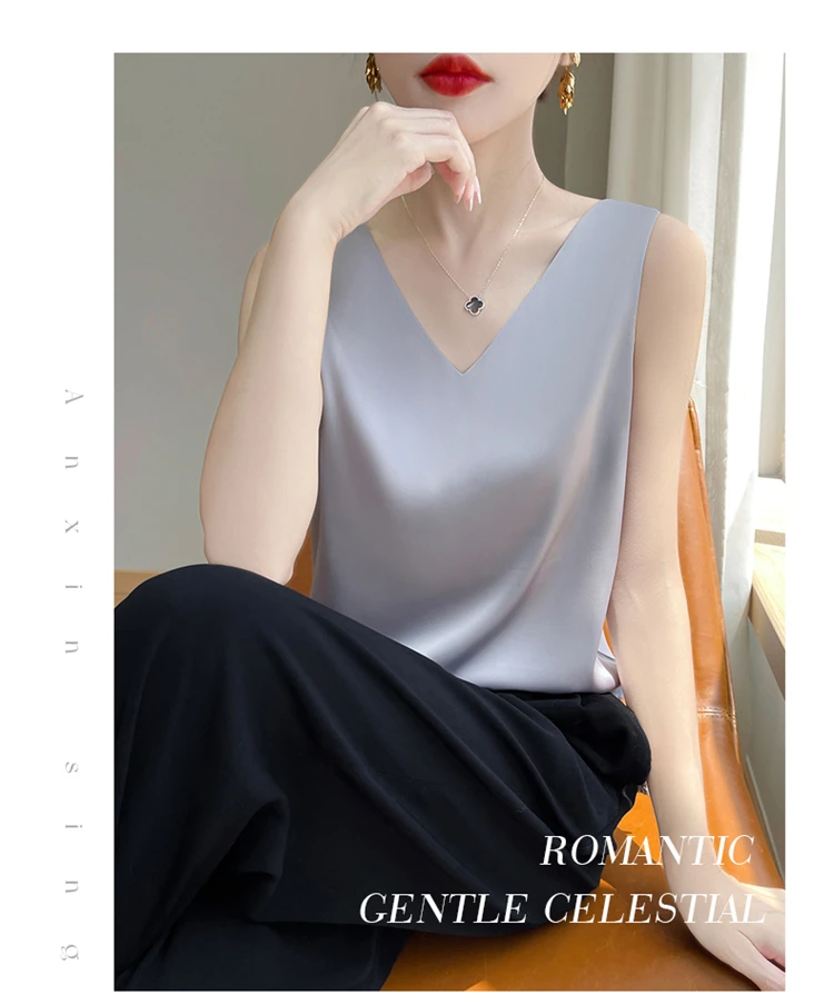 2024 Women's Summer New Sling Front And Rear V-Neck One Piece Two Wear Fashion Loose Silk Sexy T-shirt Versatile Top RW F138