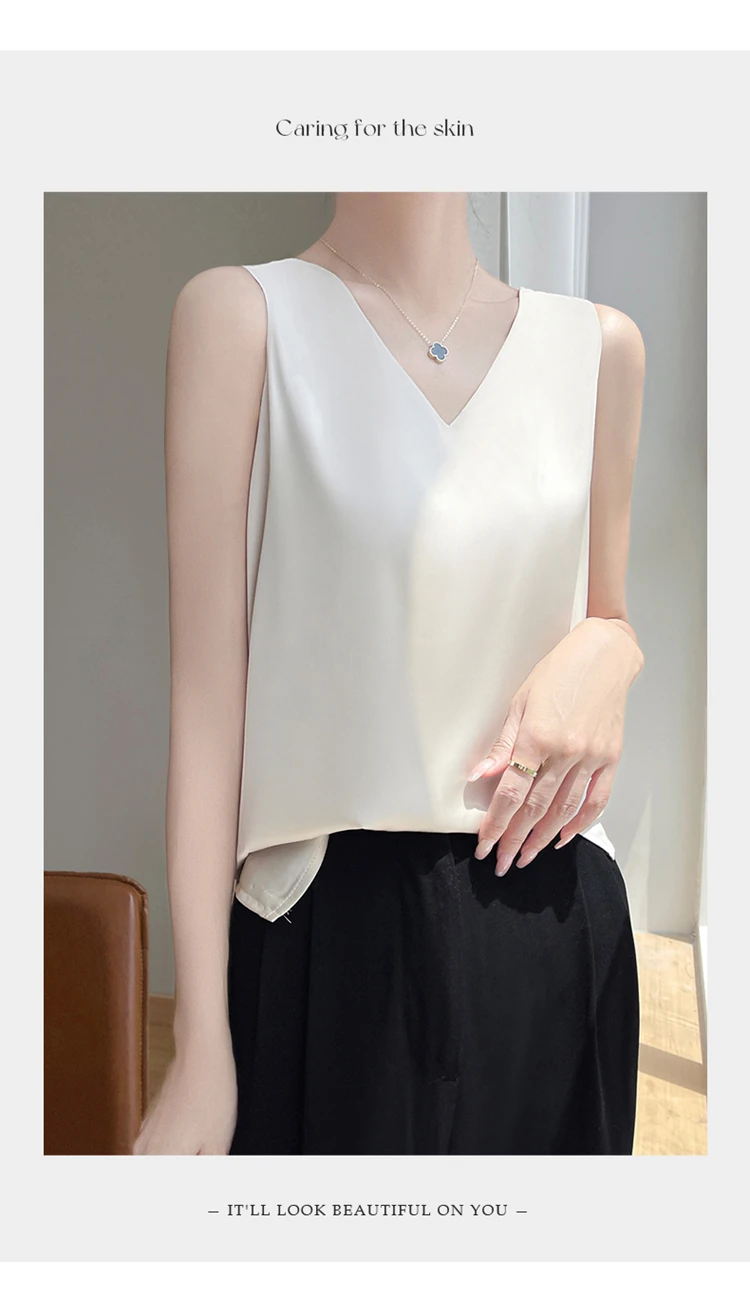 2024 Women's Summer New Sling Front And Rear V-Neck One Piece Two Wear Fashion Loose Silk Sexy T-shirt Versatile Top RW F138