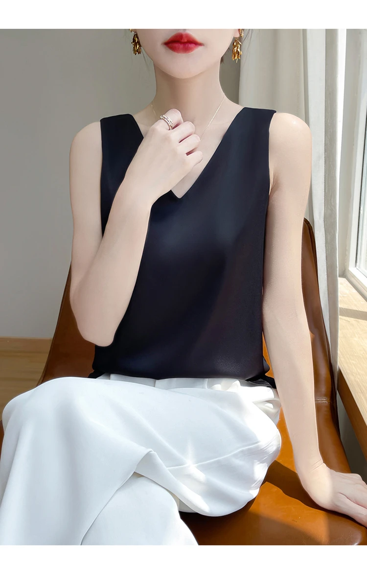 2024 Women's Summer New Sling Front And Rear V-Neck One Piece Two Wear Fashion Loose Silk Sexy T-shirt Versatile Top RW F138