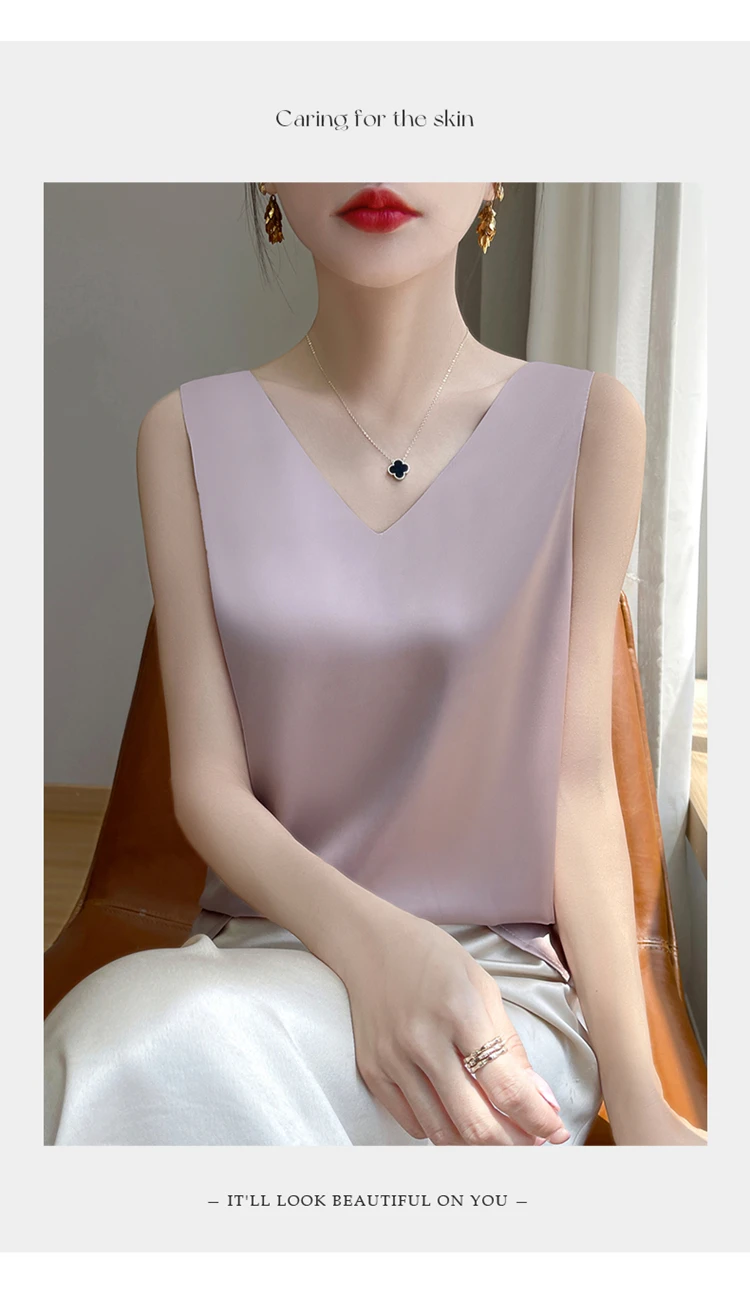 2024 Women's Summer New Sling Front And Rear V-Neck One Piece Two Wear Fashion Loose Silk Sexy T-shirt Versatile Top RW F138