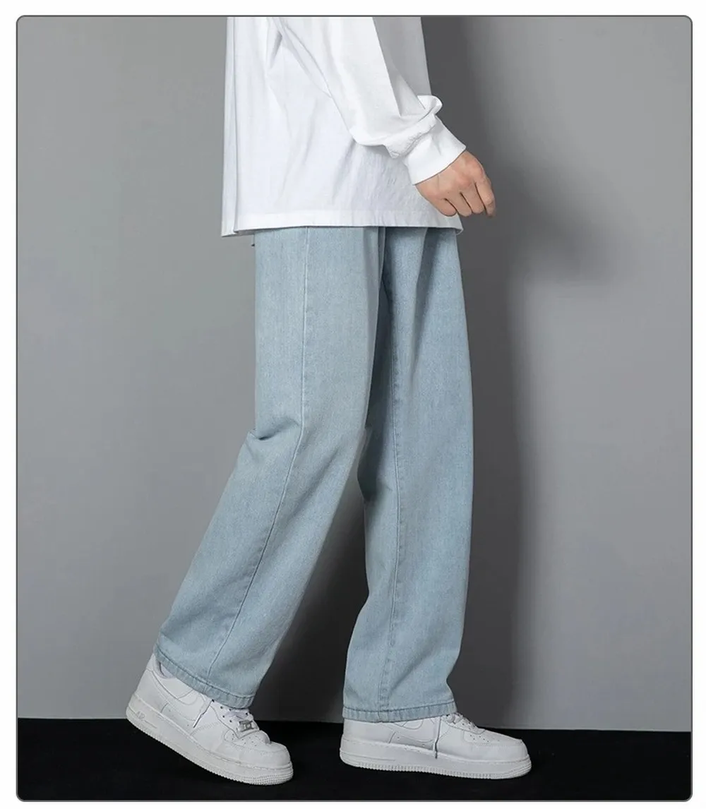 Korean Solid Colors Men's Casual Long Jeans Classic Man Four Seasons Straight Denim Wide-leg Pants Light Blue Grey Black 3XL