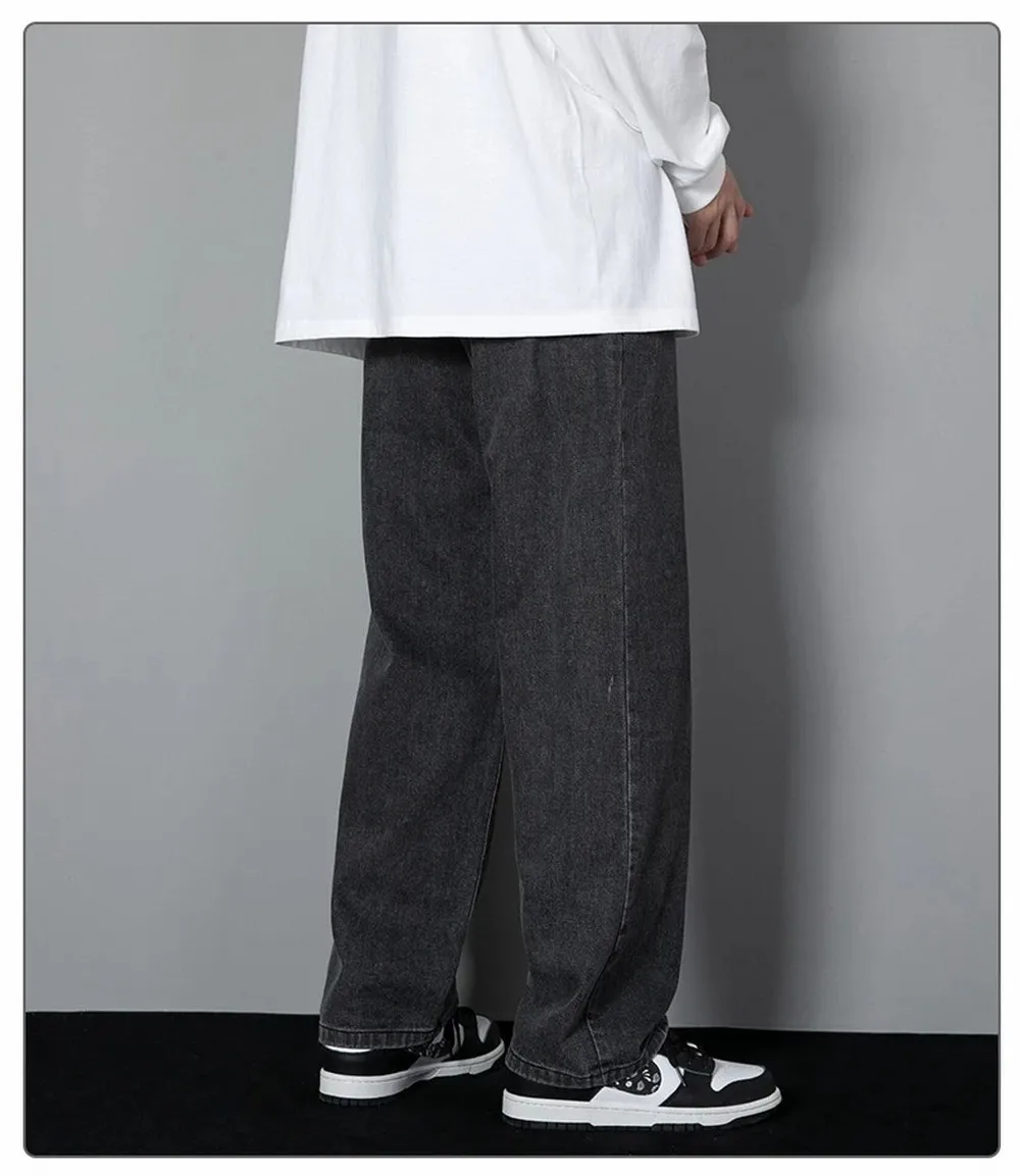 Korean Solid Colors Men's Casual Long Jeans Classic Man Four Seasons Straight Denim Wide-leg Pants Light Blue Grey Black 3XL