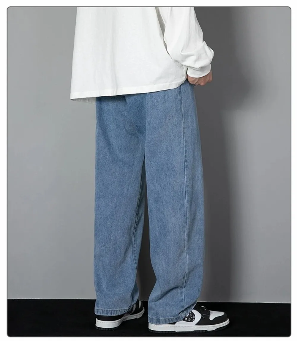 Korean Solid Colors Men's Casual Long Jeans Classic Man Four Seasons Straight Denim Wide-leg Pants Light Blue Grey Black 3XL
