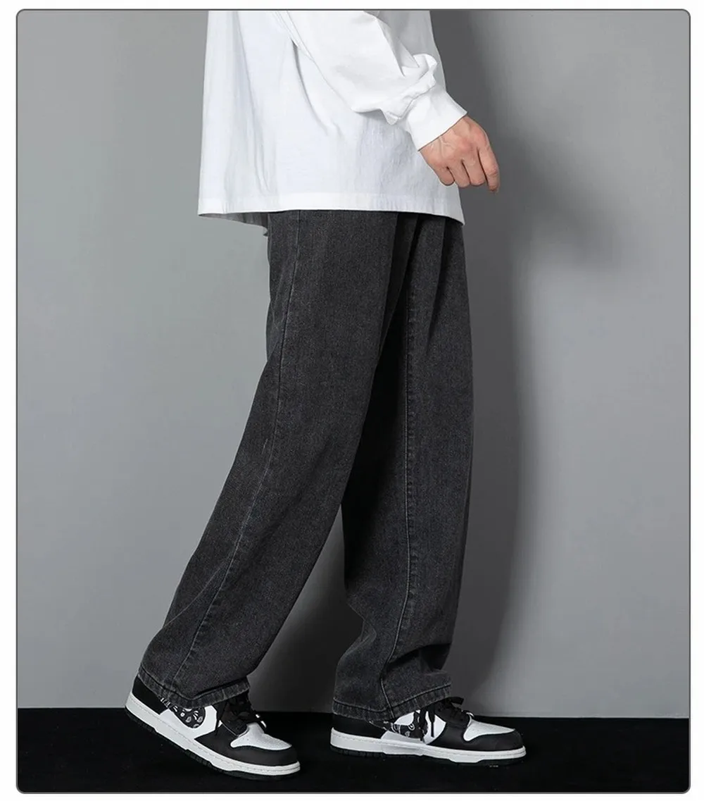 Korean Solid Colors Men's Casual Long Jeans Classic Man Four Seasons Straight Denim Wide-leg Pants Light Blue Grey Black 3XL