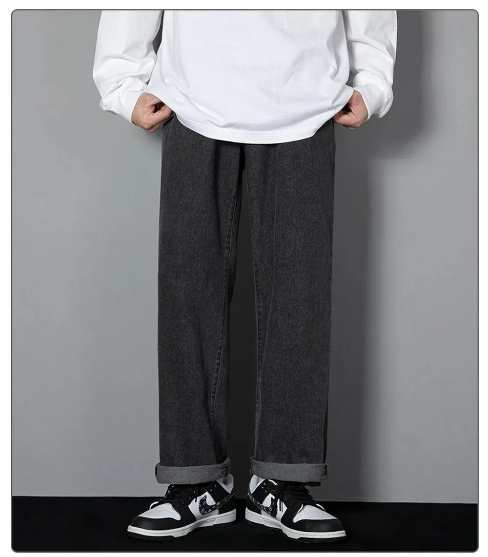 Korean Solid Colors Men's Casual Long Jeans Classic Man Four Seasons Straight Denim Wide-leg Pants Light Blue Grey Black 3XL