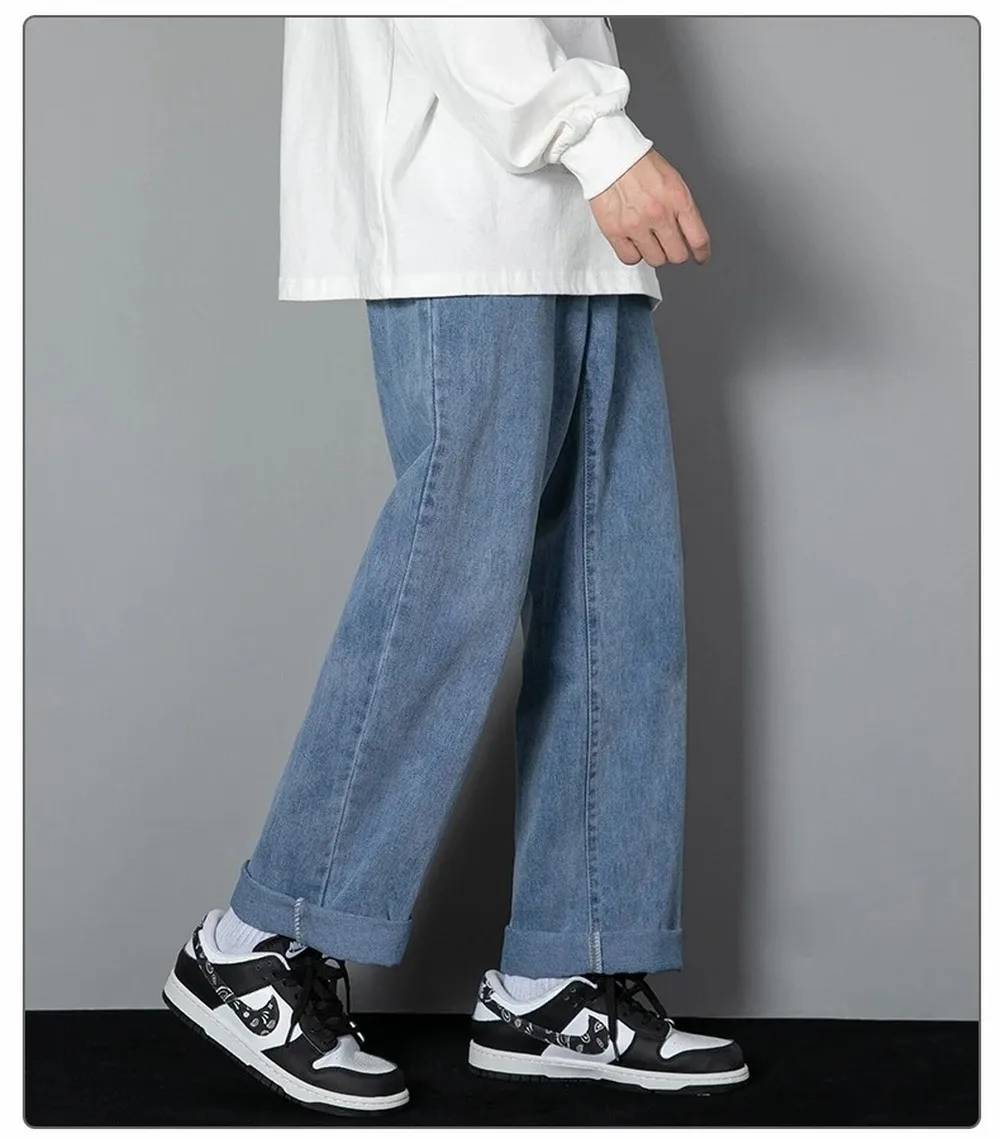 Korean Solid Colors Men's Casual Long Jeans Classic Man Four Seasons Straight Denim Wide-leg Pants Light Blue Grey Black 3XL