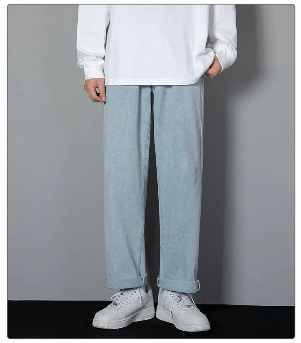Korean Solid Colors Men's Casual Long Jeans Classic Man Four Seasons Straight Denim Wide-leg Pants Light Blue Grey Black 3XL