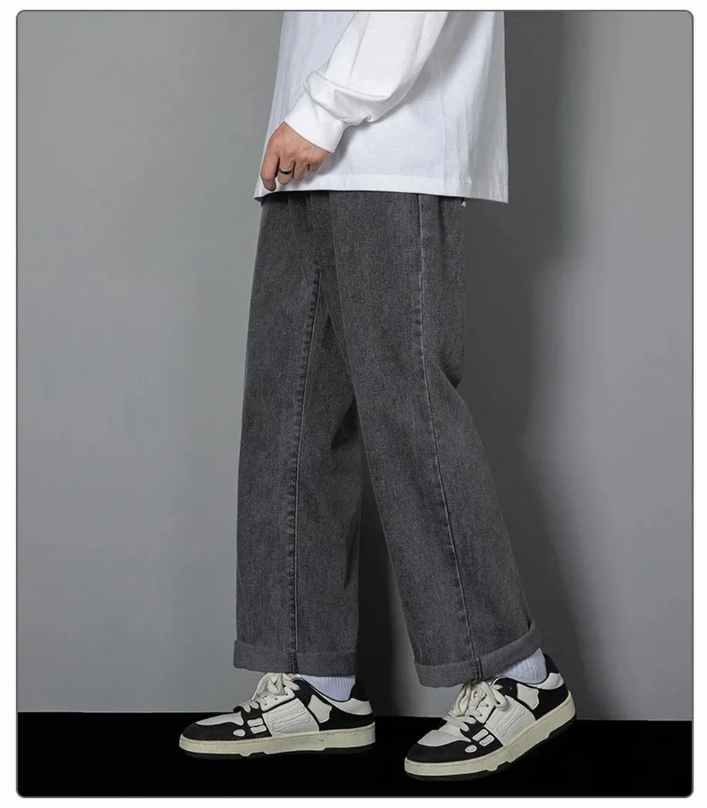 Korean Solid Colors Men's Casual Long Jeans Classic Man Four Seasons Straight Denim Wide-leg Pants Light Blue Grey Black 3XL