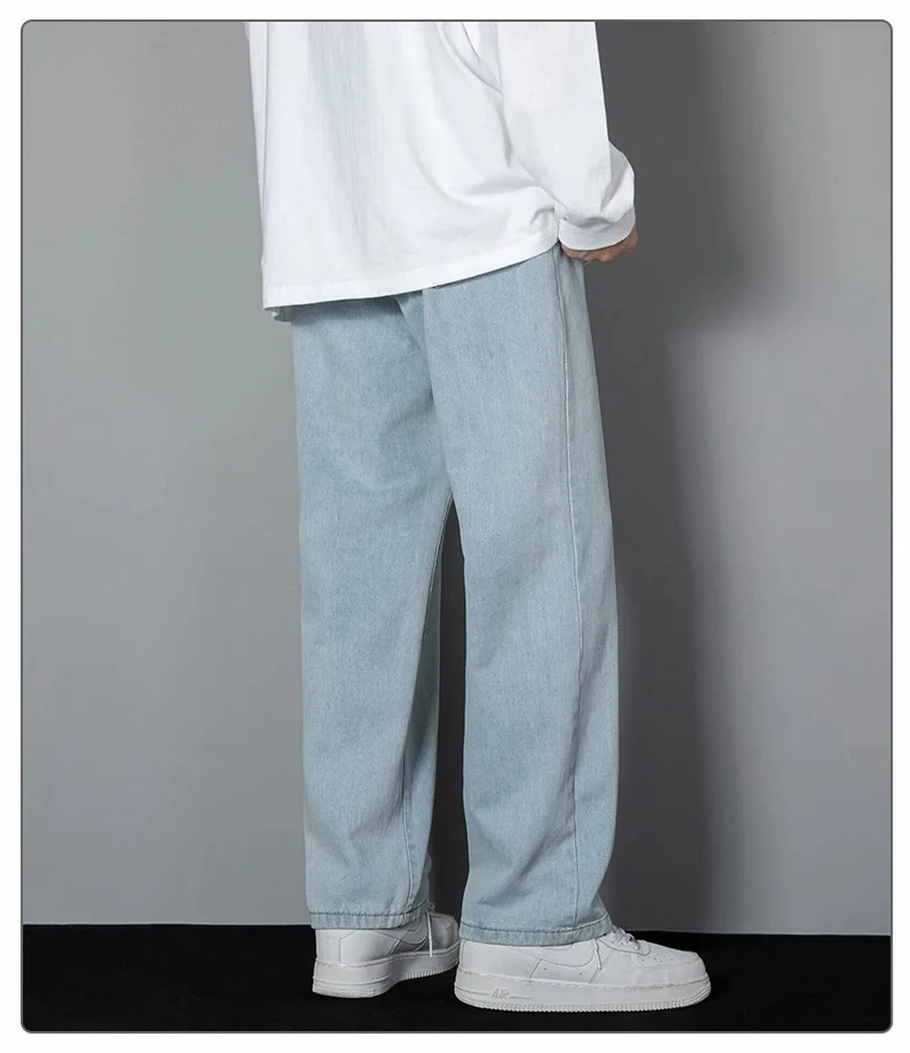 Korean Solid Colors Men's Casual Long Jeans Classic Man Four Seasons Straight Denim Wide-leg Pants Light Blue Grey Black 3XL