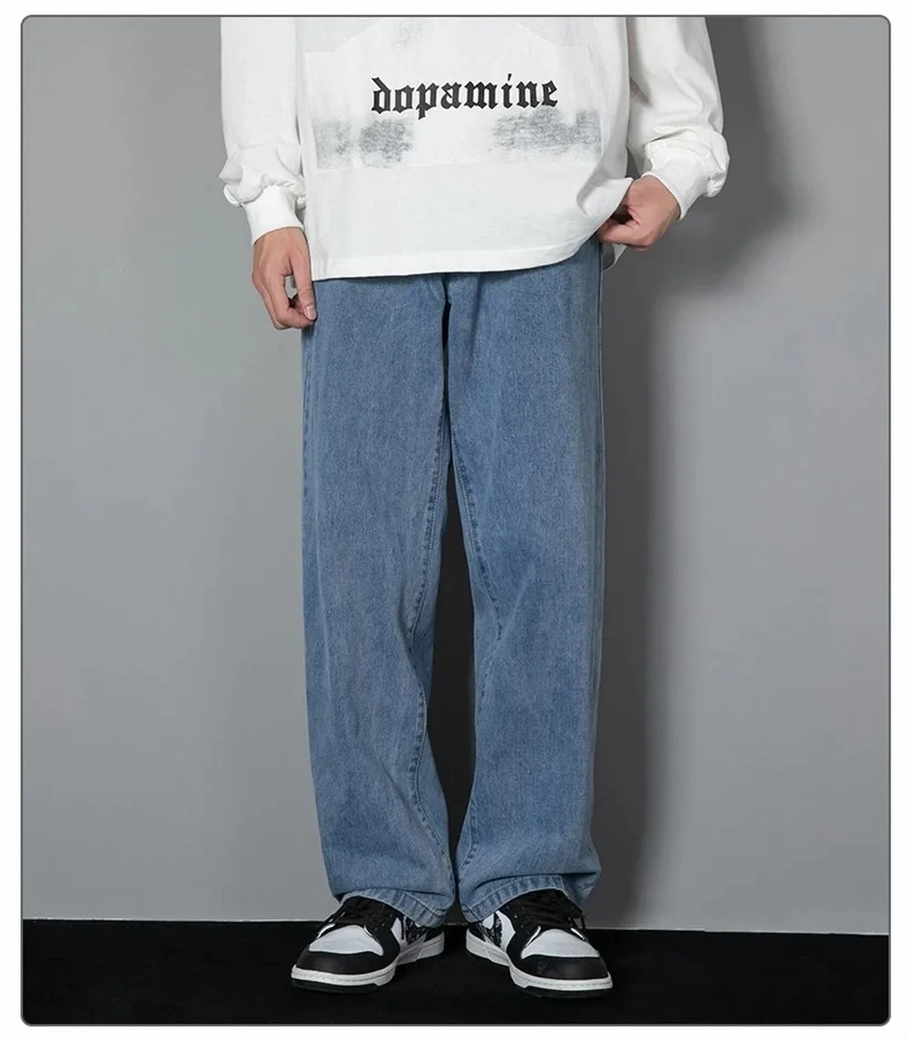 Korean Solid Colors Men's Casual Long Jeans Classic Man Four Seasons Straight Denim Wide-leg Pants Light Blue Grey Black 3XL