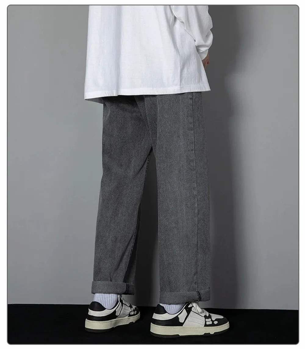 Korean Solid Colors Men's Casual Long Jeans Classic Man Four Seasons Straight Denim Wide-leg Pants Light Blue Grey Black 3XL
